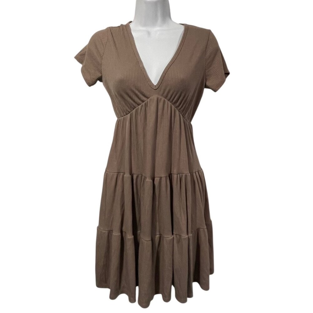 Olivia Rae Babydoll Dress V Neck Ribbed Knit Tiered Short Sleeve Brown Sz XS